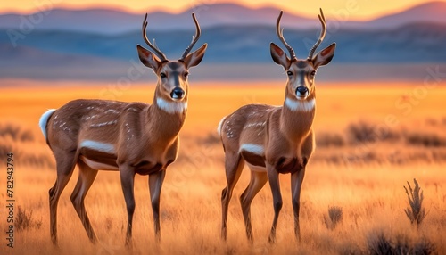  two deer pronghorns in a dry grassland setting