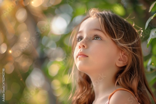 A little girl looking up at the sky, suitable for educational materials