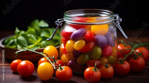 Mix of vibrant cherry tomatoes in a glass jar photo