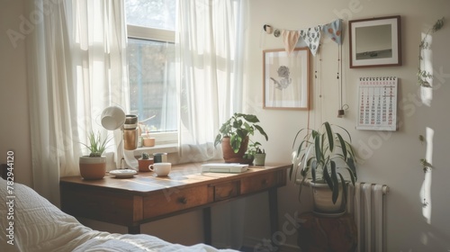 The corner desk in a bedroom  white porcelain stirring on it  small and clean  with some plants  a calendar and pictures hanging above it  in the minimalistic style