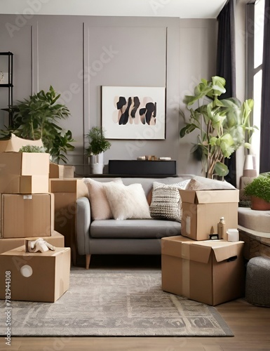 cardboard boxes are piled on top of each other, with two couches and a