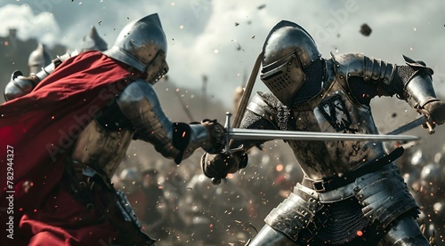 two knights fight in a field during the day's battle photo
