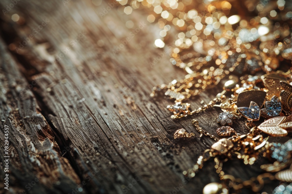 A collection of gold and silver jewelry displayed on a wooden surface. Perfect for fashion and luxury themed projects A collection of gold and silver jewelry displayed on a wooden surface. Perfect for fashion and luxury themed projects