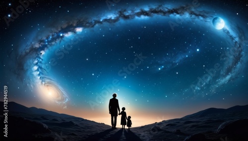 A parent and child, hand in hand, stand against a cosmic swirl of stars, highlighting the infinite bond shared between them.. AI Generation