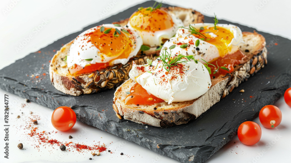 Product photo of Gourmet toast, topped with poached eggs, on slate plate, isolated on white background. Product photo of Gourmet toast, topped with poached eggs, on slate plate, isolated on white background.