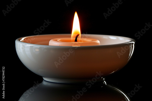 Single white burning candle on black background