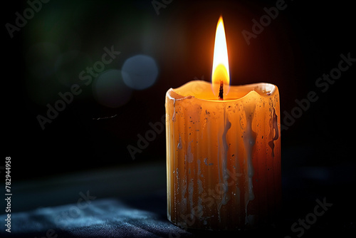 Single white burning candle on black background