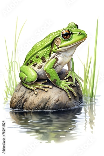 a painting of a frog sitting on top of a rock © Wirestock