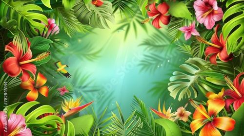 Tropical Paradise Background with Lush Greenery and Vibrant Flowers