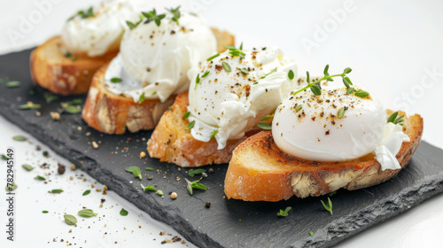 Product photo of Gourmet toast, topped with poached eggs, on slate plate, isolated on white background.