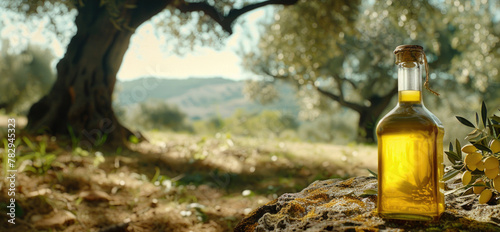 A bottle of olive oil sitting on a rock, perfect for food and cooking related designs photo