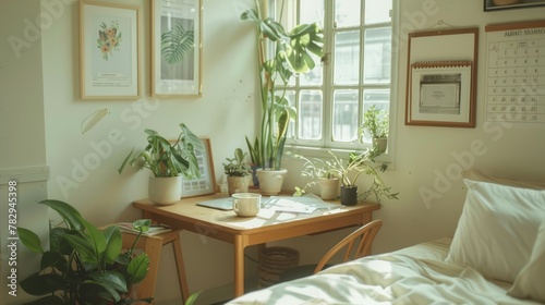 The corner desk in a bedroom  white porcelain stirring on it  small and clean  with some plants  a calendar and pictures hanging above it  in the minimalistic style