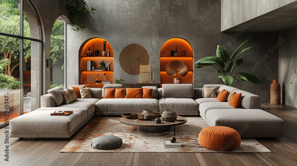 Obraz premium Living room interior, minimalist style, straight sofa in the center of the room, in pastel gray tones, with bright accents in the interior, maximum realism, high quality, 8k, isolated edges