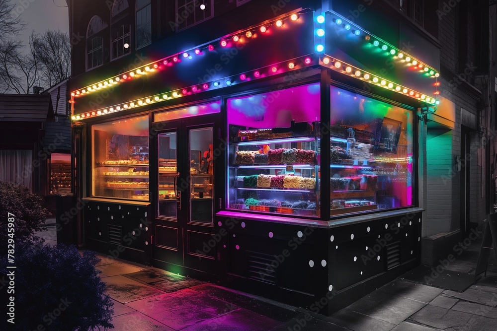 AI generated illustration of a neon-lit food store against a dark backdrop at night