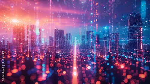 A 3D city of cyberspace metaverse digital landscape surrounded by futuristic background concept.