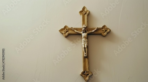 Religious cross hanging on a wall, suitable for religious and spiritual themes