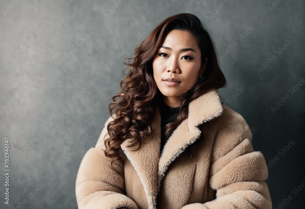Woman wearing a tan fur coat. Woman wearing a tan fur coat.