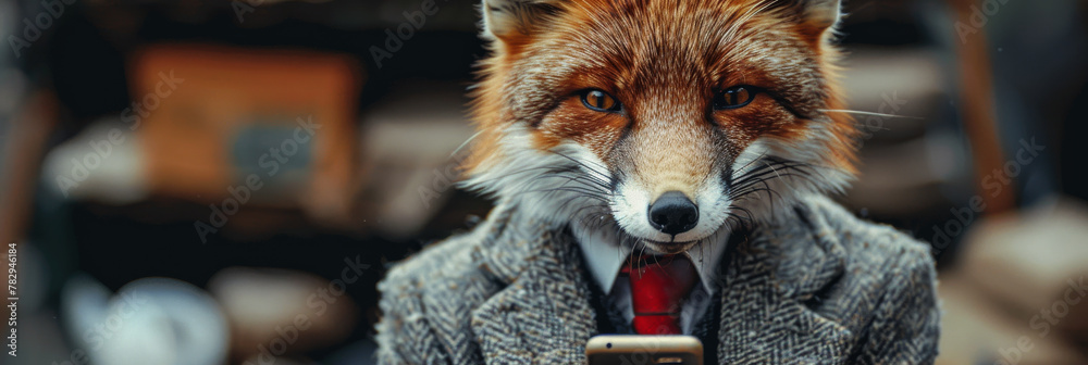 Fototapeta premium Stylish Fox in Suit and Tie Using Smartphone