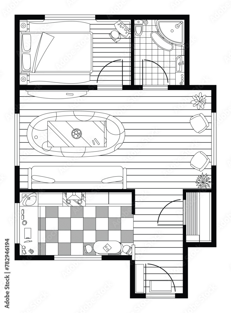 Fototapeta premium Sketch of interior plan. Detailed apartment furniture overhead top view. Room in flat style. House floor design project