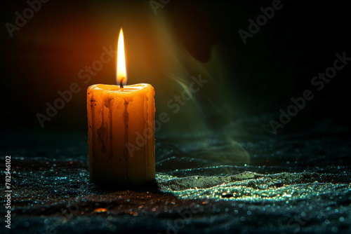 Single white burning candle on black background