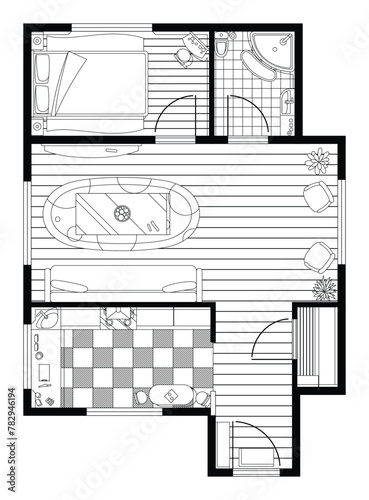 Sketch of interior plan. Detailed apartment furniture overhead top view. Room in flat style. House floor design project