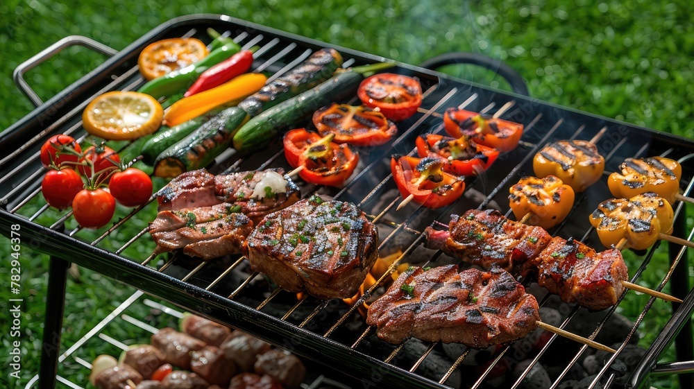 a barbecue grill sizzling with grilled vegetables, potatoes, and succulent chicken, arranged on a lush green grass meadow, providing a perfect banner background with ample copy space for text, design.