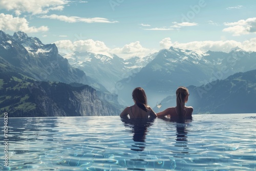 Two friends relaxing in an infinity pool overlooking a breathtaking mountain view  luxurious leisure. Luxury Leisure  Friends Enjoying Infinity Pool View