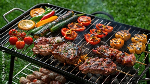 a barbecue grill sizzling with grilled vegetables, potatoes, and succulent chicken, arranged on a lush green grass meadow, providing a perfect banner background with ample copy space for text, design.