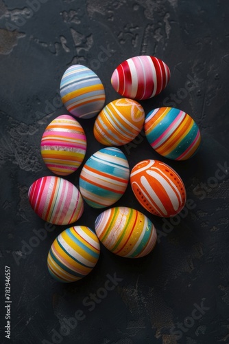Vibrant painted eggs displayed on a table. Perfect for Easter-themed designs