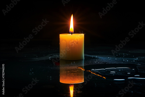 Single white burning candle on black background