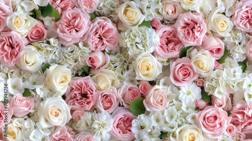 pastel pink and white roses, creating a wall of flowers that serves as an enchanting backdrop for wedding ceremonies or party decorations. SEAMLESS PATTERN