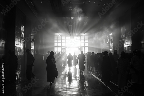 AI-generated illustration of people silhouetted against bright light at a building entrance