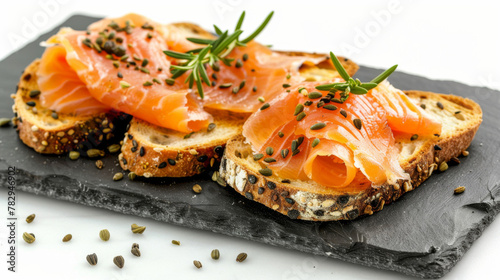 Gourmet toast, topped with smoked salmon, on slate plate, isolated on white background.