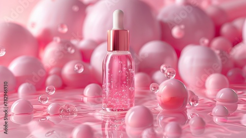 On a pink background, a skin serum and vitamin collagen are displayed with liquid bubbles. This is a 3D rendering.