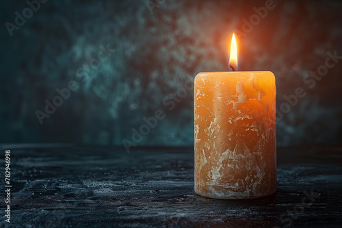 Single white burning candle on black background
