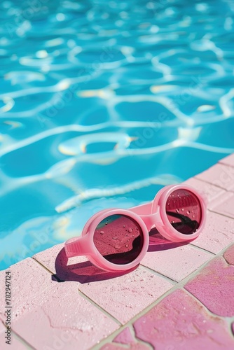 Pink sunglasses resting on pool edge, ideal for summer concepts