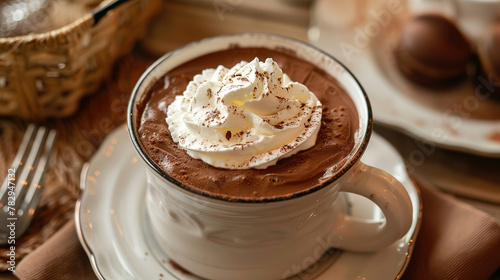 Italian gourmet patisserie - Rich Italian Hot Chocolate with white whipped cream on top blurry background, with empty copy space