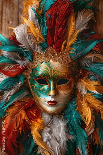 Vibrant mask with feathers displayed on rustic wooden wall. Ideal for cultural events or interior decoration
