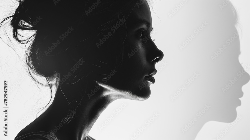 Obraz premium A woman's face is shown in silhouette, with her hair pulled back