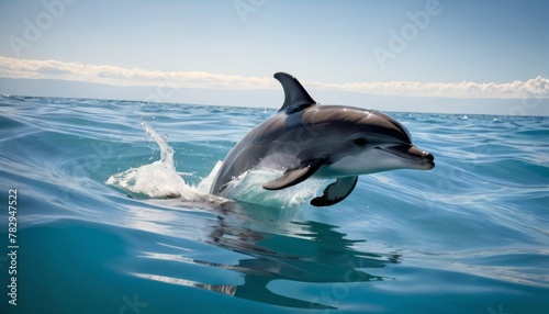 A playful dolphin leaps gracefully above the ocean s surface  set against a clear blue sky  encapsulating the freedom and agility of marine life.. AI Generation. AI Generation