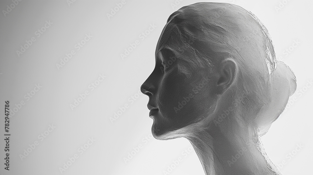 A woman's head is shown in a black and white photo A woman's head is shown in a black and white photo