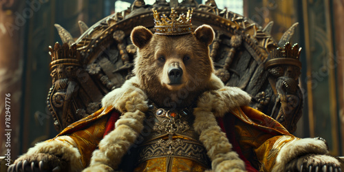 Majestic Brown Bear King on Ornate Throne in Regal Attire