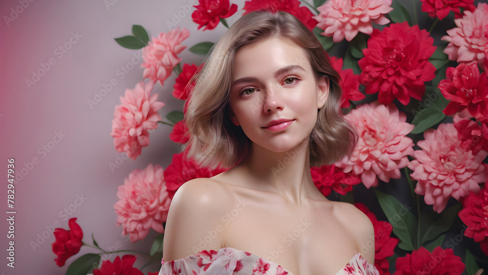 Timeless Beauty: A Portrait of Elegance Dressed in Soft Light and Floral Hues. generative AI