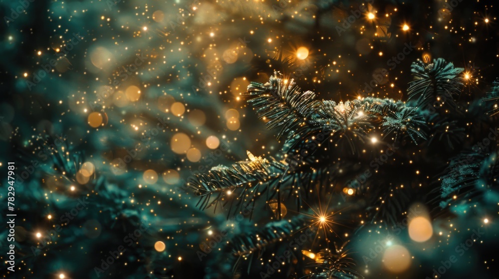 Close up of a pine tree with lights, perfect for holiday decorations