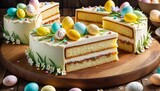 A luscious Easter-themed layered cake adorned with small pastel eggs and spring flowers, presenting a perfect festive dessert.. AI Generation