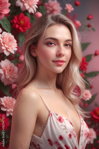 Timeless Beauty: A Portrait of Elegance Dressed in Soft Light and Floral Hues. generative AI