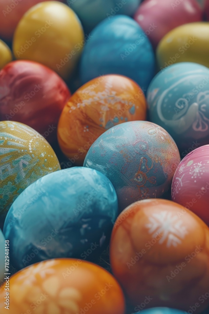 A pile of colorful painted eggs stacked on top of each other. Ideal for Easter and spring-themed projects A pile of colorful painted eggs stacked on top of each other. Ideal for Easter and spring-themed projects