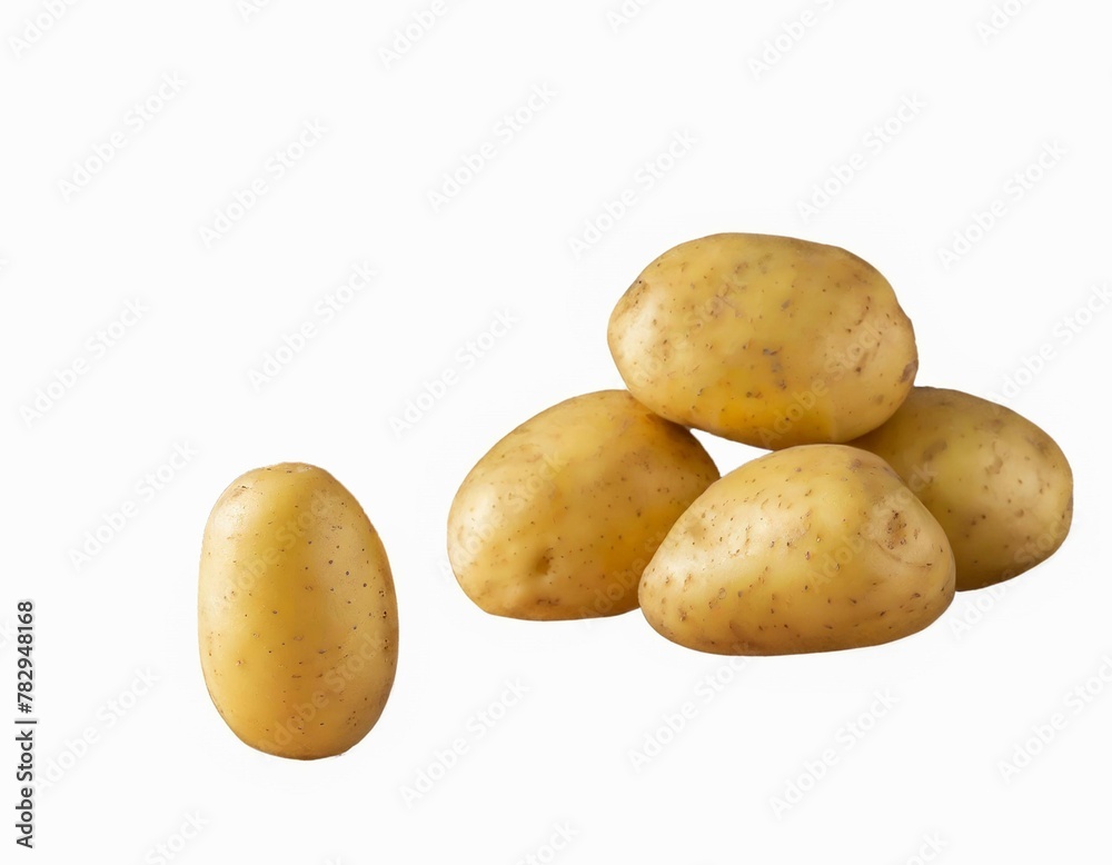 A cluster of fresh, raw potatoes sits isolated on a white background A cluster of fresh, raw potatoes sits isolated on a white background