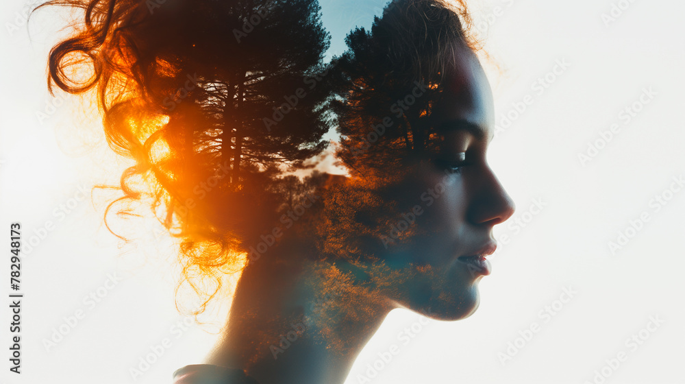 Within the area with a white background, the Double Exposure of the woman reflects a joyful expression. A livable world happy girls concept. Within the area with a white background, the Double Exposure of the woman reflects a joyful expression. A livable world happy girls concept.