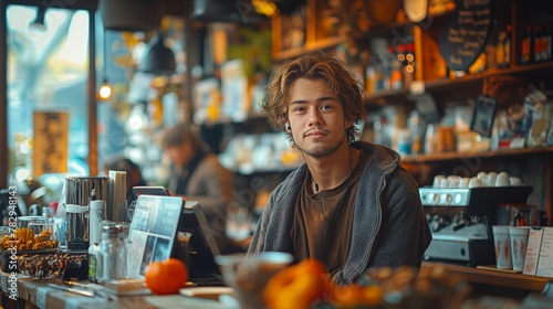 Young, laid-back barista offers a welcoming smile from behind the cafe counter, AI-generated. photo